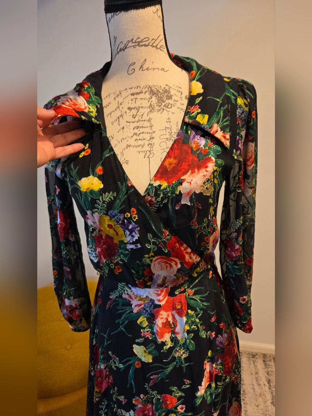 Alice + Olivia Black Floral Wrap Midi Dress with Red & Green Accents, Size 4. - Picture 7 of 16